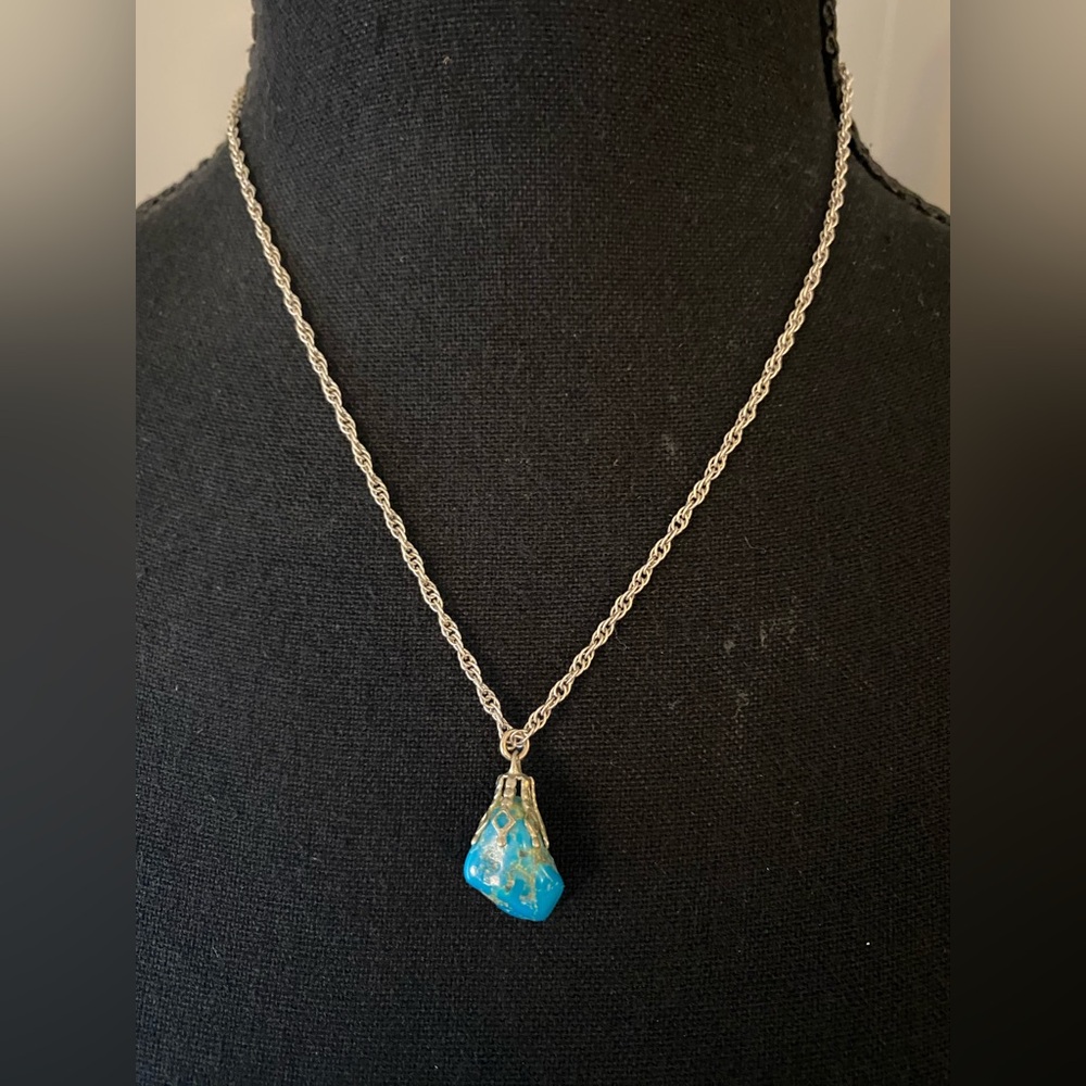 Vintage Sterling Silver Turquoise Nugget Pendant Necklace Rope Chain